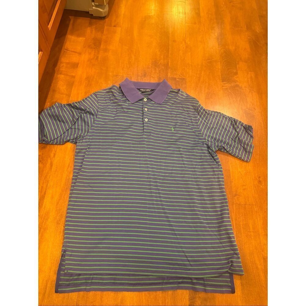Ralph Lauren Polo Golf Shirt Mens L Purple Green Stripe Pima Cotton Classic Fit
